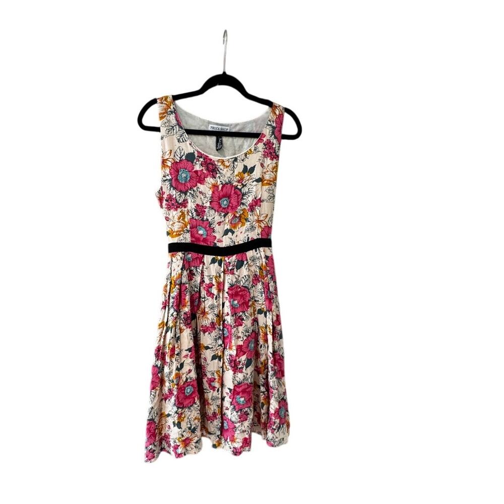 Frock Shop Floral Dress M Fit & Flare Sleeveless Pink Cream Black Waist
